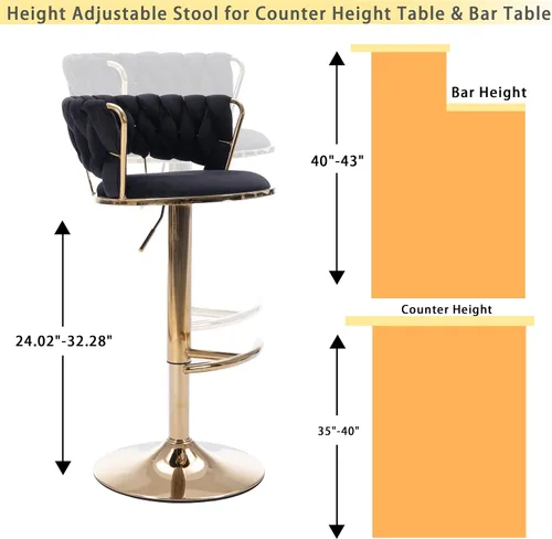 Miniatura 4 de Juego de 2 taburetes de bar de terciopelo giratorios con base de metal dorado, taburetes de bar modernos de altura de mostrador para cocina, pub