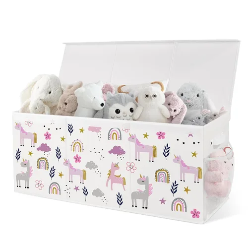 Miniatura 10 de Caja de juguetes plegable extragrande con tapas, organizador de almacenamiento resistente para niños, 38 x 16 x 13 pulgadas, baúl de juguetes