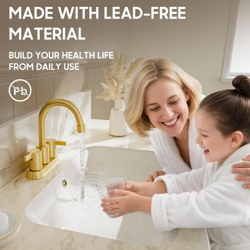 Miniatura 3 de Grifo de baño sin plomo de 4 pulgadas con 2 manijas de oro cepillado centrado, boquilla giratoria con drenaje emergente de cobre y 2 líneas