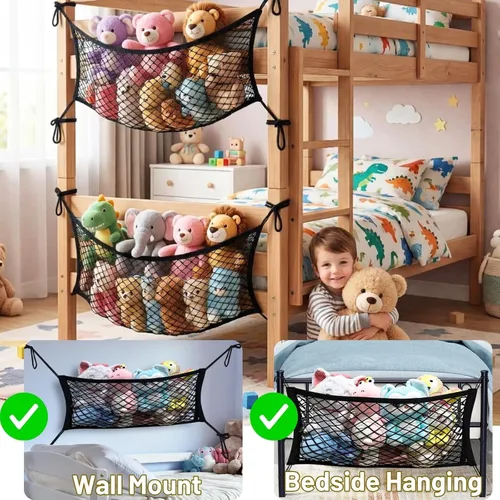 Miniatura 4 de Red de almacenamiento de animales de peluche para niños, paquete de 2 organizadores de juguetes para mesita de noche - Almacena ordenadamente tus