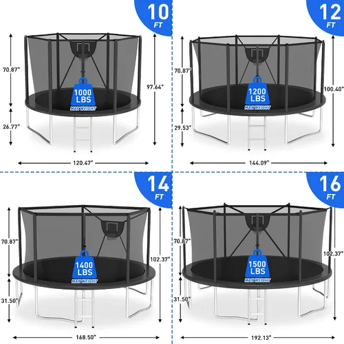 Miniatura 2 de Trampolín para exteriores de 1500 libras con luz+rociador+calcetines, trampolín resistente de 16 pies, 14 pies, 12 pies, con aro de baloncesto