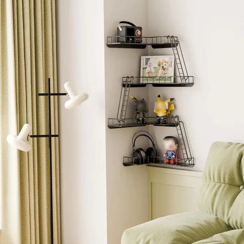 Miniatura 4 de Estante de pared Fire Escape – Estantes de pared esquineros de 4 niveles de estilo urbano moderno, estante de escalera de metal fácil de instalar