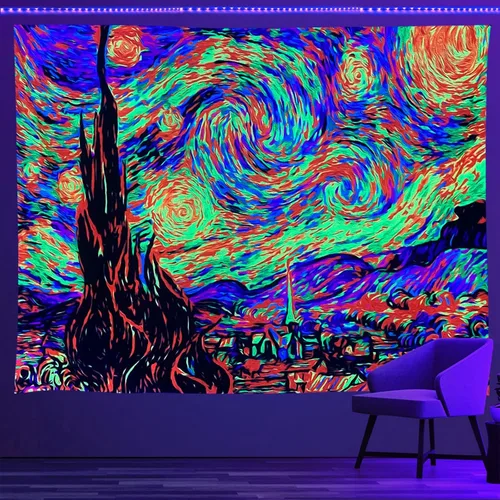 PSYHILAR Van Gogh Tapiz UV Luz Negra para Dormitorio, Telón de Fondo Noche Estrellada Pósteres de Luz Negra para Adultos y Adolescentes (91 x 71