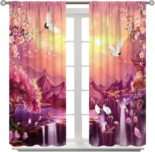 Miniatura 8 de Cortinas de estilo japonés, flor de cerezo, grúa de amanecer, estilo asiático, cortinas opacas para dormitorio, sala de estar, juego de 2 paneles