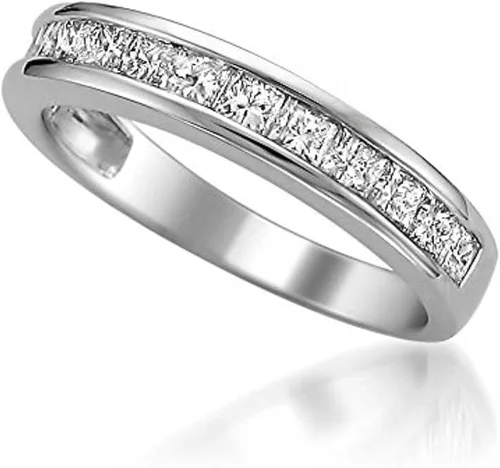Miniatura 3 de Anillo de boda con diamantes naturales de oro blanco de Nueva York con corte princesa (1 quilates, G-H, VS2)