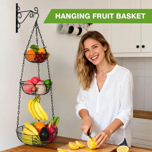 Miniatura 2 de HULISEN Cesta de frutas colgante de 3 niveles con gancho para plátano, cestas colgantes de alambre resistentes de 36 pulgadas para almacenamiento