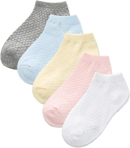 Miniatura 9 de Looching Paquete de 5 calcetines delgados de malla para bebés, niñas y niños, de algodón, color blanco, calcetines de tobillo invisibles 1-8T