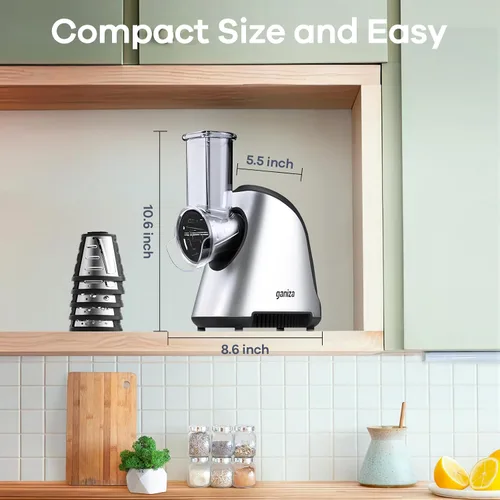 Miniatura 4 de Ganiza Rallador eléctrico 5 en 1 para cocina, triturador de queso máximo de 250 W, 5 cuchillas intercambiables, cortador eléctrico