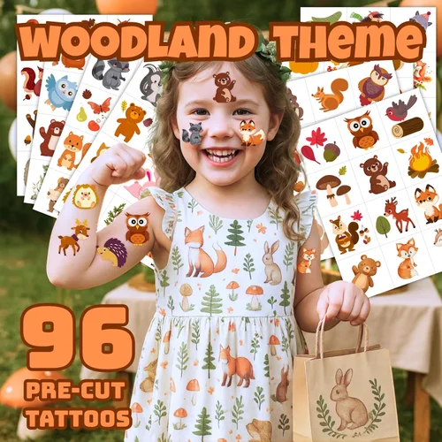 Miniatura 2 de 96 tatuajes temporales precortados de animales del bosque para niños, bonitos recuerdos de fiesta con temática forestal, perfectos para fiestas