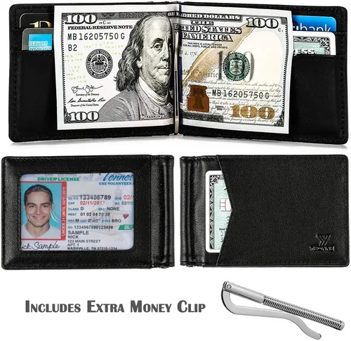 Miniatura 4 de YBONNE - Cartera fina con clip para dinero, de cuero auténtico, bloqueo RFID, minimalista