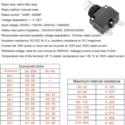 Miniatura 5 de Interruptores de circuito de 3 amperios, protector de interruptor de sobrecarga térmica serie 88 Restablecimiento manual del botón con terminales