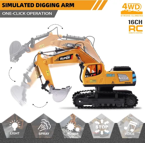 Miniatura 2 de ViRockSign Juguetes de excavadora con control remoto para niños, juguetes de construcción RC de 16 canales con pala de metal y luz, humo simulado