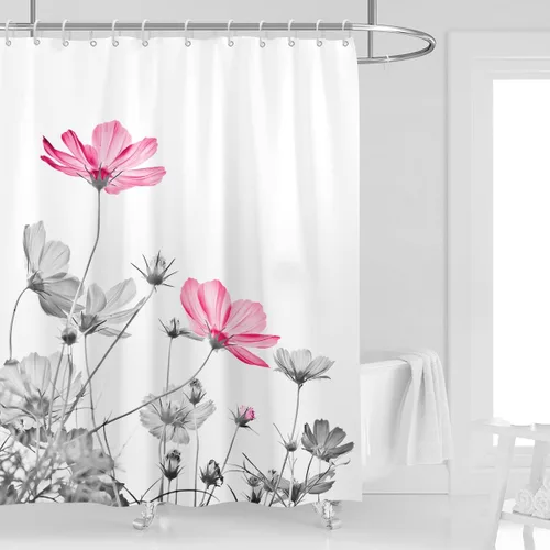 Miniatura 33 de Cortina de ducha de 72" x 72" con flores grises y rosas, gris y blanco, flores silvestres, margaritas, plantas, pintura de tinta, botánica