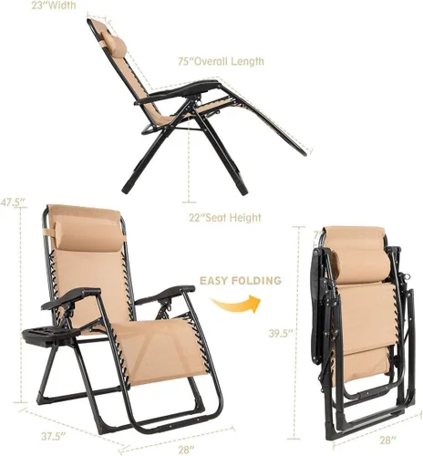 Miniatura 4 de DORTALA Silla Zero Gravity, silla de descanso con soporte para tazas, tela transpirable, reposacabezas desmontable, tumbona resistente de 500 libras
