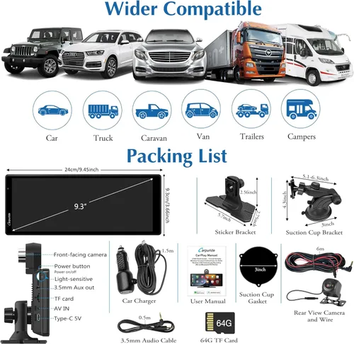 Miniatura 9 de Carpuride W903 Carplay inalámbrico y Android Auto con cámara de salpicadero, pantalla táctil HD IPS de 9.3 pulgadas para automóvil, cámara frontal