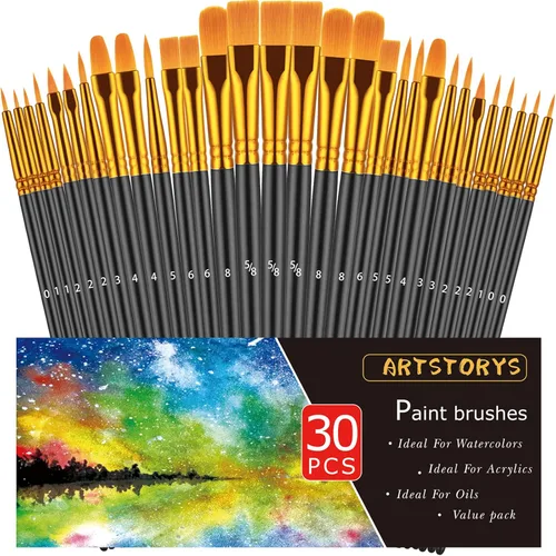 Juego de pinceles de pintura, 30 piezas de pinceles de pintura para pintura acrílica, pincel de pintura al óleo, acuarela y acrílica, pinceles de
