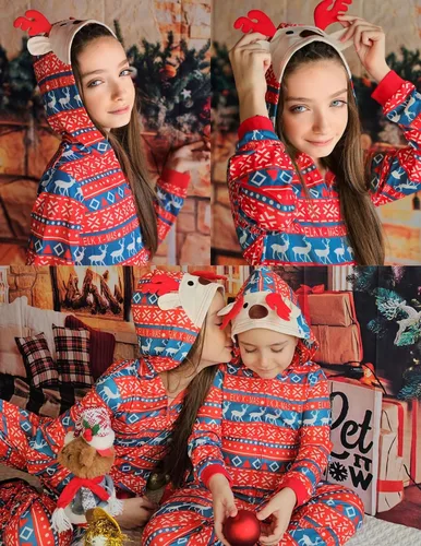 Miniatura 5 de Ekouaer Pijamas de Navidad para la familia, con capucha, de cuernos de alce, de manga larga, cómoda, para descansar