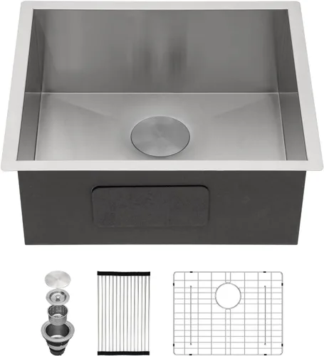 Miniatura 49 de Kichae fregadero de cocina bajo encimera de 32 pulgadas, de un solo tazón, de acero inoxidable, calibre 16, de esquina redonda, hecho a mano
