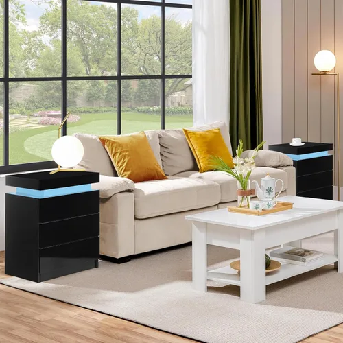 Miniatura 9 de TUKAILAi Mesita de noche con luz LED, moderna mesita de noche negra con tapa abatible, mesita de noche pequeña con 3 cajones de madera, mesa