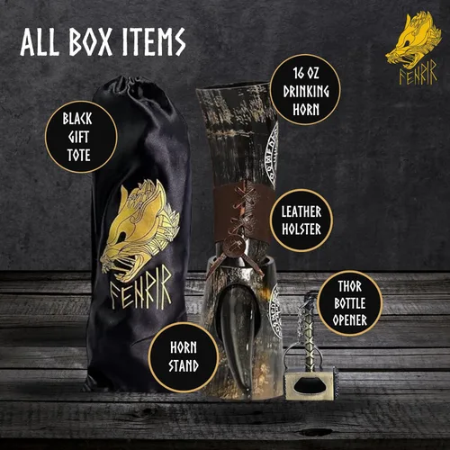 Miniatura 2 de FENRIR Cuerno vikingo para beber con soporte 16 oz – Regalos para hombres, papá, esposo – Taza natural de cuerno de buey con abrebotellas de Thor