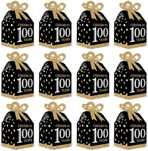 Miniatura 4 de Big Dot of Happiness Cajas de regalo para fiesta de cumpleaños número 100, elegante diseño cuadrado dorado con lazo 3D, suministros de fiesta