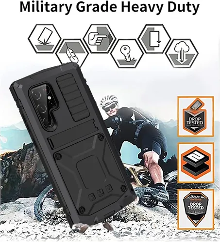 Miniatura 9 de Simicoo Funda de silicona compatible con Samsung S23 Ultra Metal Bumper con soporte protector de pantalla integrado Gorilla Glass híbrido militar a