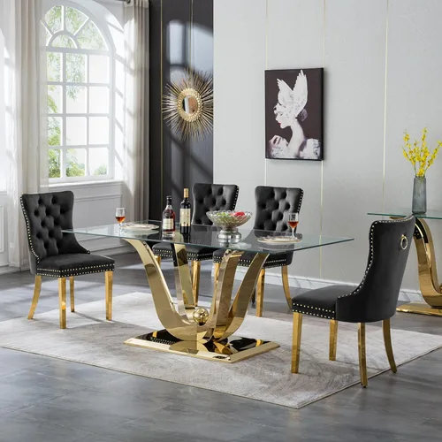 Miniatura 18 de Mesa de comedor moderna de vidrio de 70 pulgadas para 6-8, mesa de comedor de cristal dorado de lujo con base de acero inoxidable en forma de flores