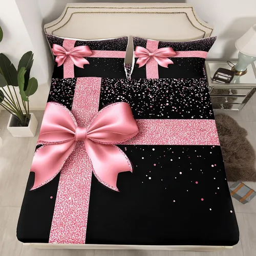 Miniatura 4 de Castle Fairy Juego de sábanas con lazo, juego de sábanas de diamante con purpurina para niños, juego de ropa de cama rosa y negro para niños