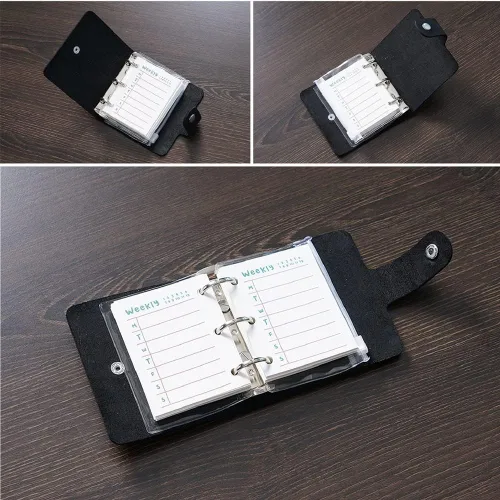 Miniatura 2 de Diario de cuero genuino A9, planificador de bolsillo de cuero negro hecho a mano, planificador de cuero vintage mini, 120 hojas, carpeta de hojas