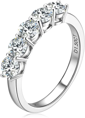 JL LITTLE FOREST Anillo de boda de 5 piedras de moissanita, plata de ley 925 para mujer, color D, claridad VVS1, diamantes de corte redondo