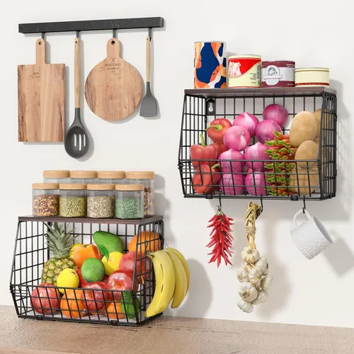 Miniatura 3 de Wawocs Tazón de frutas de 2 niveles, cesta de frutas para encimera de cocina, cesta apilable, cesta colgante montada en la pared, cestas de alambre