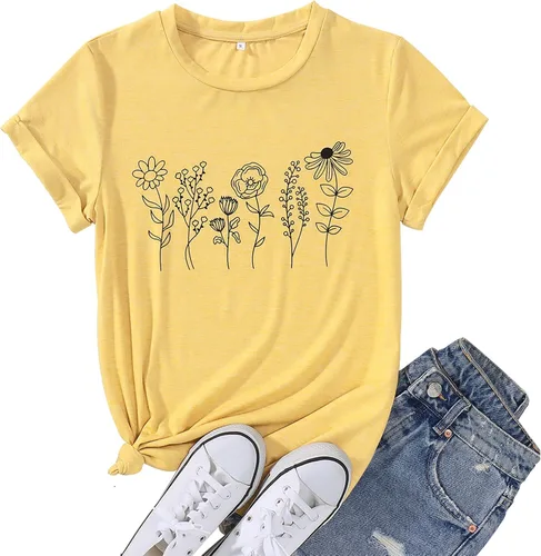 GLIGLITTR Camiseta floral para mujer, diseño de flores silvestres, camiseta casual suelta con cuello redondo y manga corta
