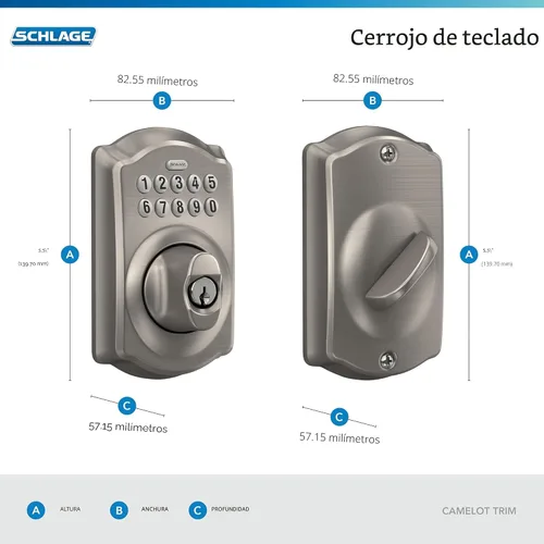 Miniatura 3 de Schlage - Cerrojo de seguridad Camelot BE365 V CAM 619 con teclado, cerradura de entrada electrónica sin llave, níquel satinado