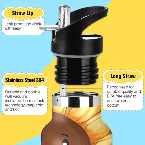 Miniatura 3 de Cartoon Fuuny Sunflower Lightweight Reusable Water Bottle Insulated with Straw Lid Double Wall Vacuum Insulated Bike Running Sports Travel Gym termo