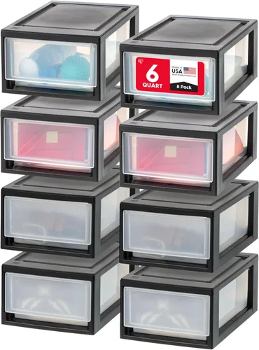 IRIS USA - Paquete de 8 cajones de almacenamiento apilables, 6 cuartos de galón, plástico transparente para despensa, armario, escritorio, cocina,