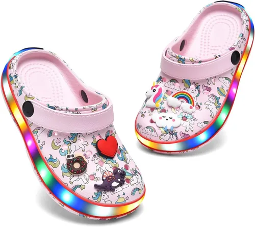 Miniatura 6 de XPKWS Zuecos para niños pequeños, niños y niñas, zapatos de jardín con luces LED, sandalias ligeras con luces, antideslizantes, de secado rápido