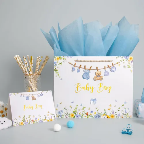 Miniatura 5 de Crisky Bolsa de regalo grande de 13" para niño con papel de seda, tarjeta de regalo y lazo para decoración de baby shower y cumpleaños de niño