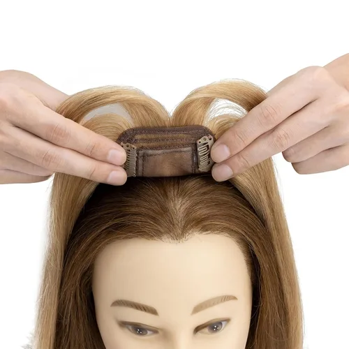 Miniatura 7 de S-noilite Toppers para el cabello humano real con flequillo, 6 pulgadas, color rubio oscuro #27, base de seda, clip en la parte superior