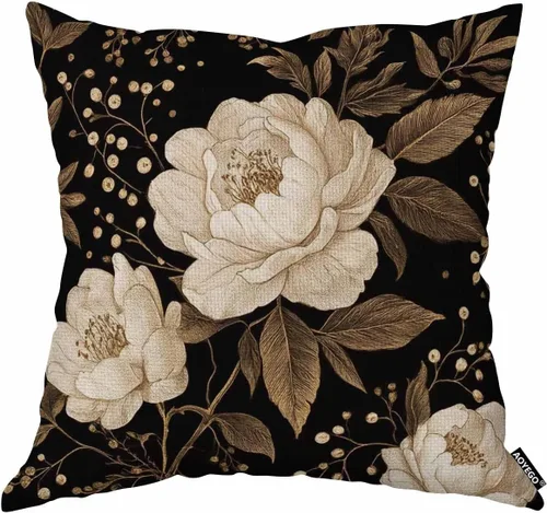 AOYEGO Funda de almohada con diseño de peonías y rosas, hojas de flores doradas y blancas, follaje, bayas, estilo oriental, lujosa, 18 x 18