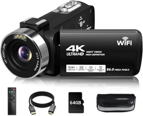 Miniatura 11 de Videocámara, Grabadora de Video Digital 4K 56MP 18X Zoom 3" Pantalla Táctil con Rotación de 270° Visión Nocturna IR, Cámara para Vlogs WiFi para Rosa