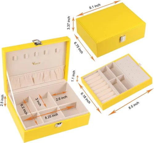 Miniatura 6 de Voova Joyero organizador para mujeres y niñas, 2 capas grandes para hombres, estuche de almacenamiento de joyas de piel sintética con bandeja