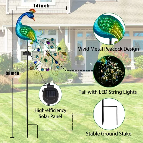 Miniatura 6 de DREAMSOUL Estacas de luz solar de jardín de pavo real de metal al aire libre decorativas - Luz de camino LED solar impermeable de pavo real