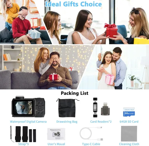 Miniatura 9 de Cámara Digital Impermeable 8K para Esnórquel: 70MP 33FT Cámara Subacuática Compacta Resistente HD de Doble Pantalla con Zoom de 18X Selfie, Tarjeta