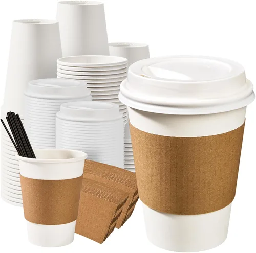 Miniatura 18 de RACETOP Tazas de café de papel de 12 onzas, paquete de 100 tazas de café desechables negras con tapas, tazas de papel caliente con tapas, taza