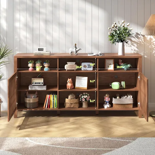 Miniatura 4 de BVIUNTWO - Soporte de TV Farmhouse marrón con puertas con rejilla, 5 compartimentos de almacenamiento abiertos, consola multimedia de 65