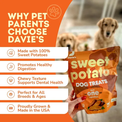 Miniatura 7 de Golosinas de Batata Dulce para Perros Davie's - Masticables saludables y naturales para perros, bajos en grasa, bolsa de 1 libra
