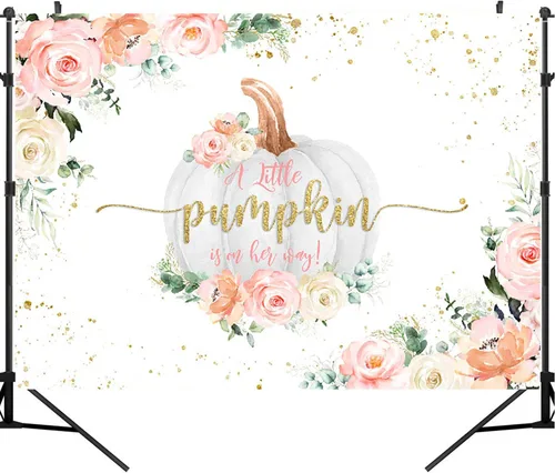 Miniatura 5 de Telones de fondo de calabaza para baby shower, decoración de fondo rosa floral de otoño para niñas recién nacidas (7 x 5 pies)