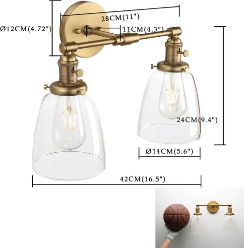Miniatura 7 de Phansthy Apliques de pared industriales retro de 2 luces, lámpara de tocador de baño, lámpara de pared con doble pantalla de vidrio transparente