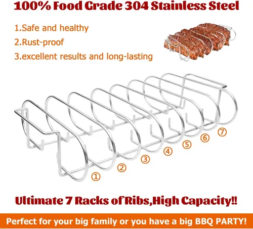 Miniatura 3 de Parrilla para costillas BBQ para ahumadores y parrillas, estante para asar 100% acero inoxidable 304 grado alimenticio, sostiene 7 costillares