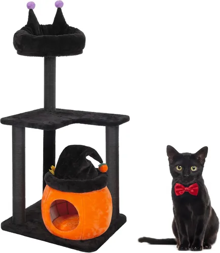 Miniatura 9 de KAMABOKO Árbol gótico para gatos, torre negra para gatos de 30.3 pulgadas con cama de ataúd, condominio para gatos con postes rascadores de sisal